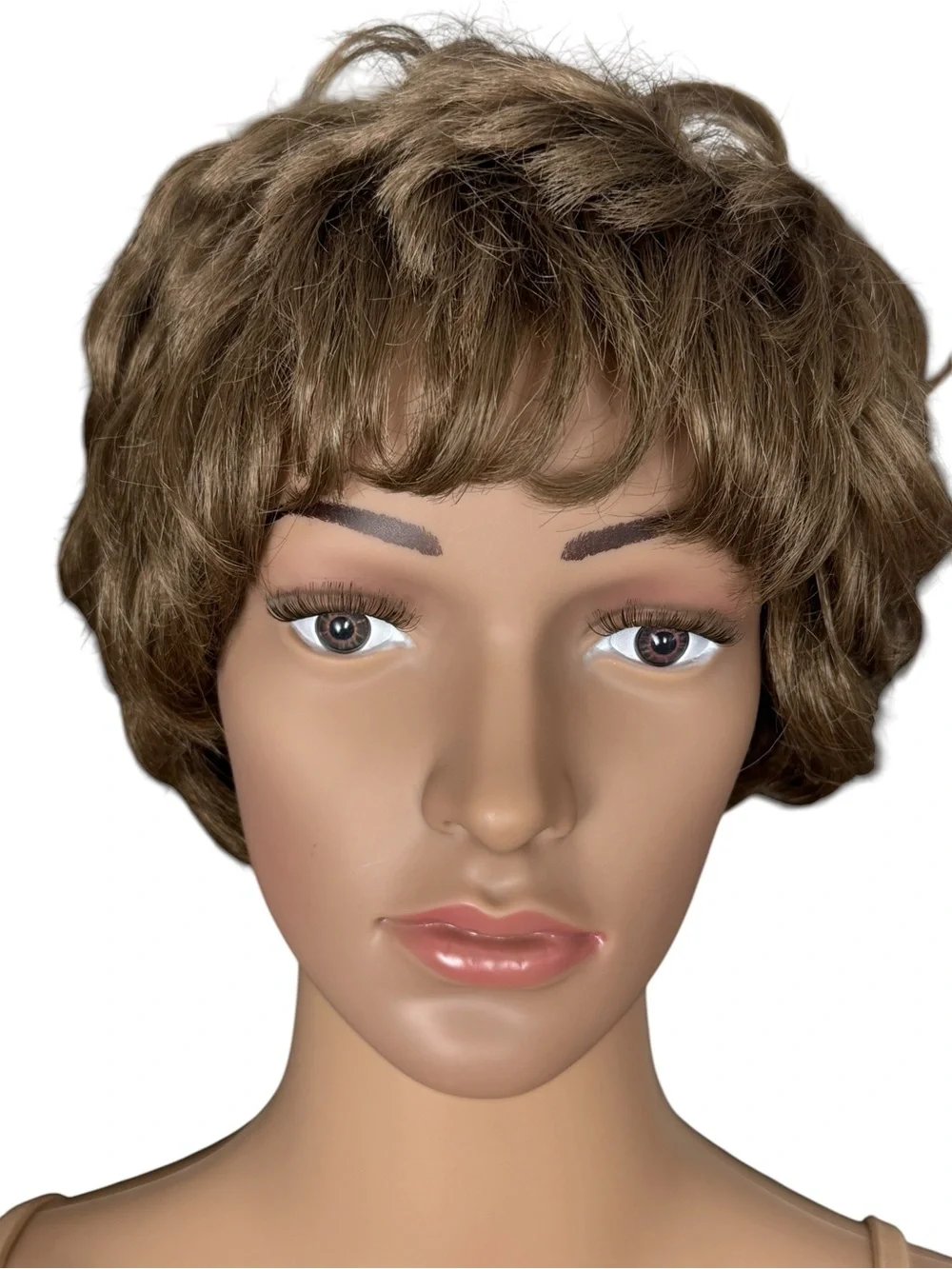 Vintage Adolfo Kanekalon Wig Body Perm Short Pixie Cut Layered Brown Shag Bangs